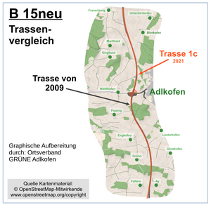 Das Bild zeigt die bisher geplanten Trassen der B15neu.