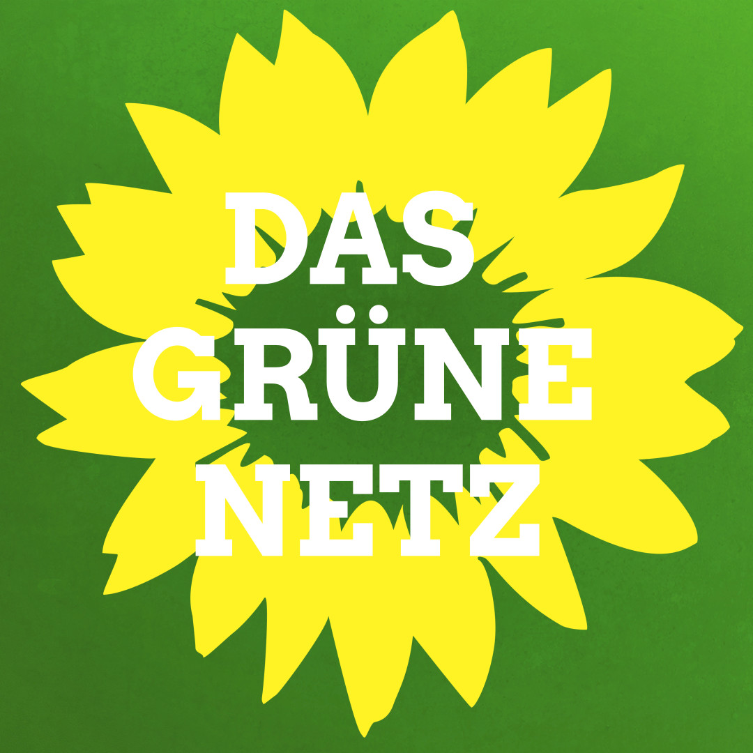 Das Bild zeigt das Logo der Grünen, eine Stilistische Sonnenblume auf grünem Hintergrund. In der Mitte der Blüte steht der Text "Das Grüne Netz". Das Bild ist ein Link zum Grünen Netz.