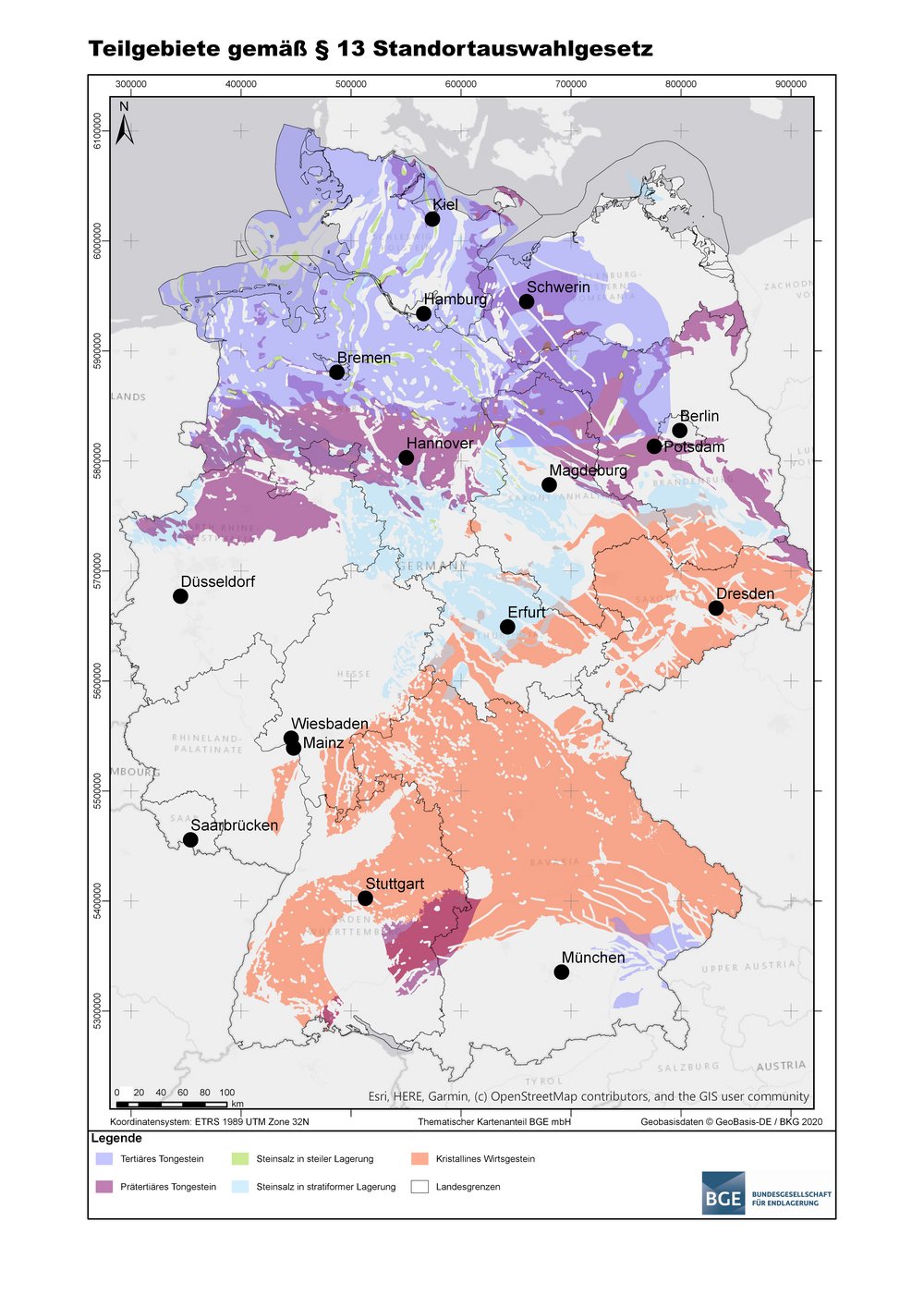 Das Bild zeigt die Teilgebiete-Karte der Bundesgesellschaft für Endlagerung (BGE), die am 28.09.2020 vorgestellt wurde.