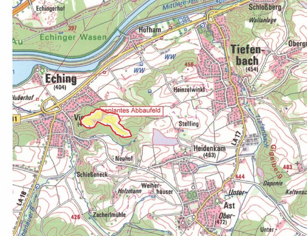 Das Foto zeigt eine Karte des Bentonitabbaugebiets rund um Eching.